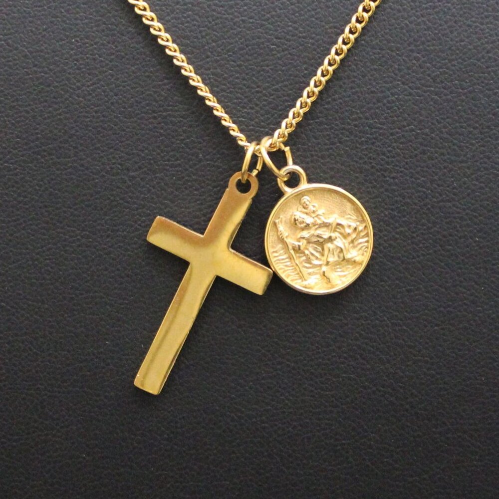 Gold Cross & Saint Christopher Pendant Set